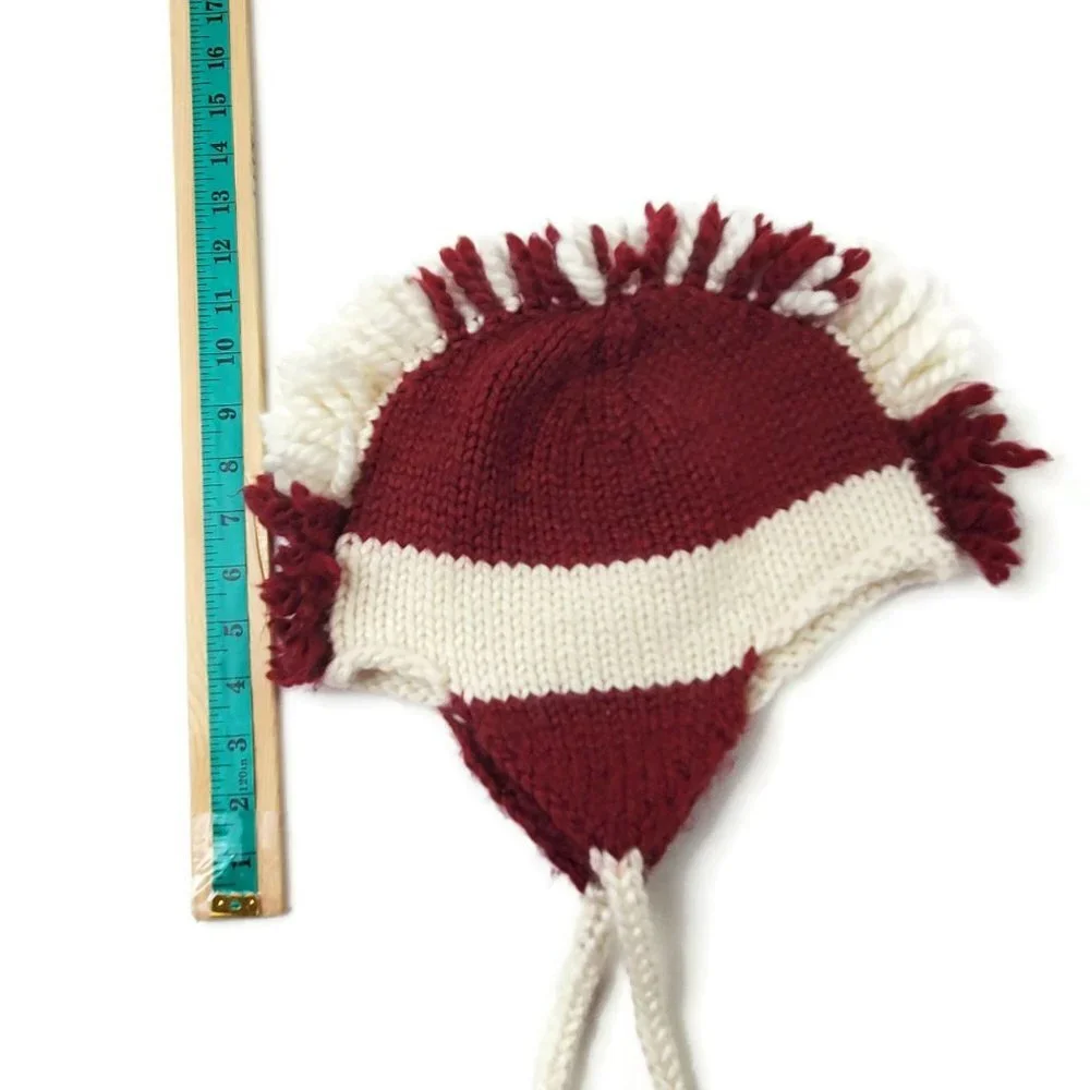 Kids Hand Knit Mohawk Hat Fall Winter Braided One Size‎ Red White Acrylic Yarn